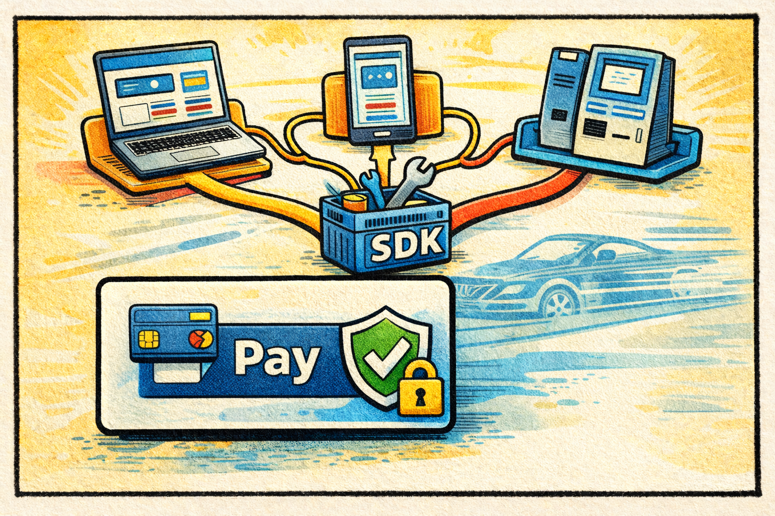 Illustration of reusable payment components across apps.