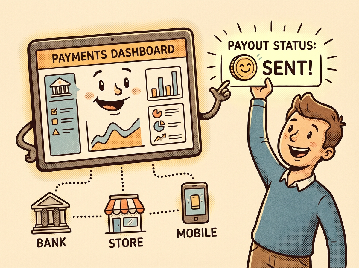 Illustration of a payments platform with dashboards and connected services.