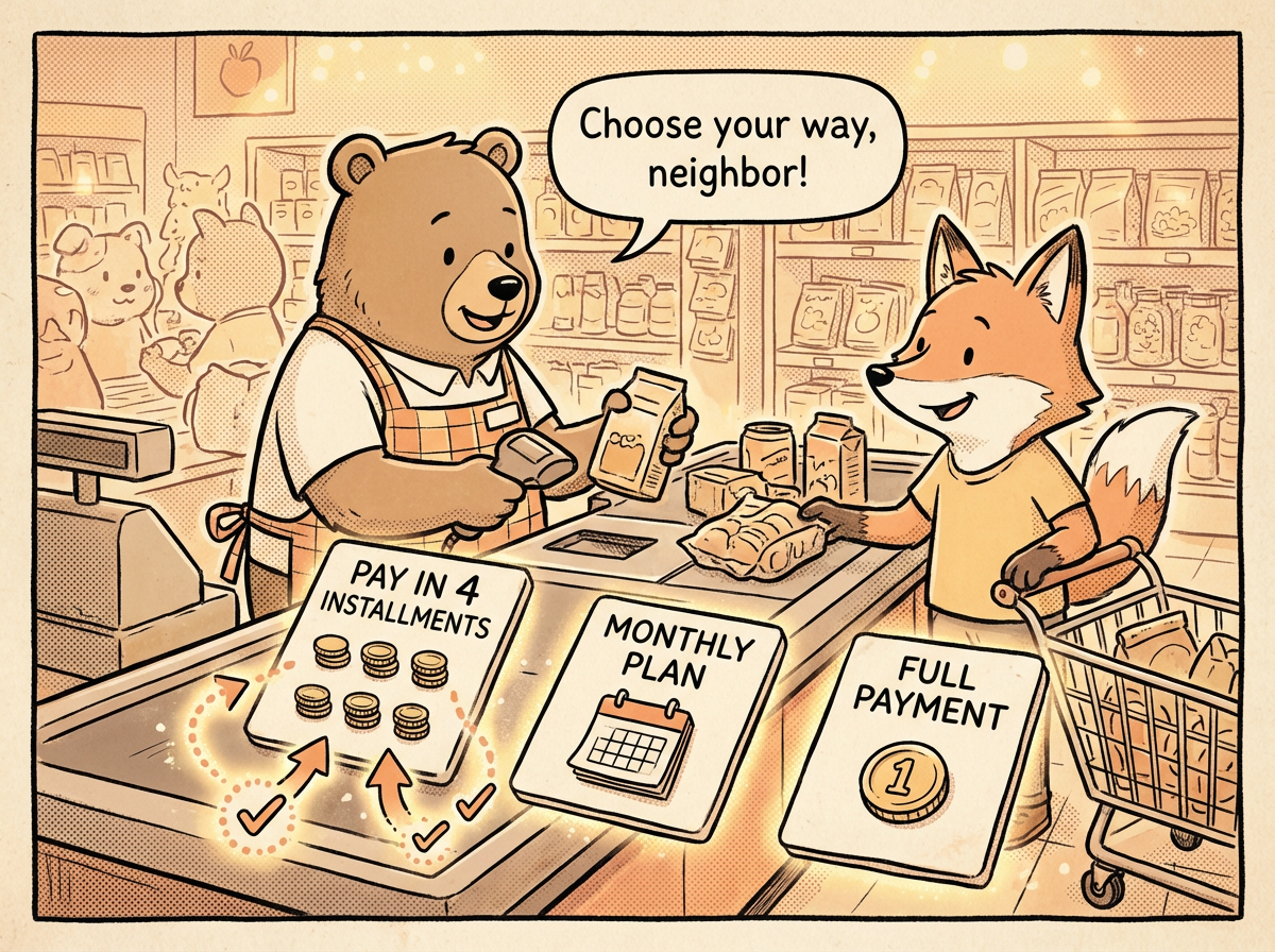 Illustration of a shopper using split payments with checkout steps.