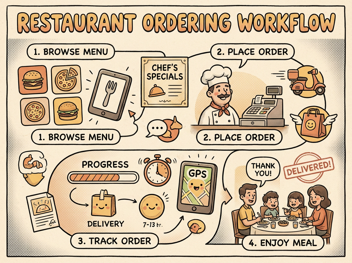 Illustration of an ordering workflow with delivery and fulfillment cues.
